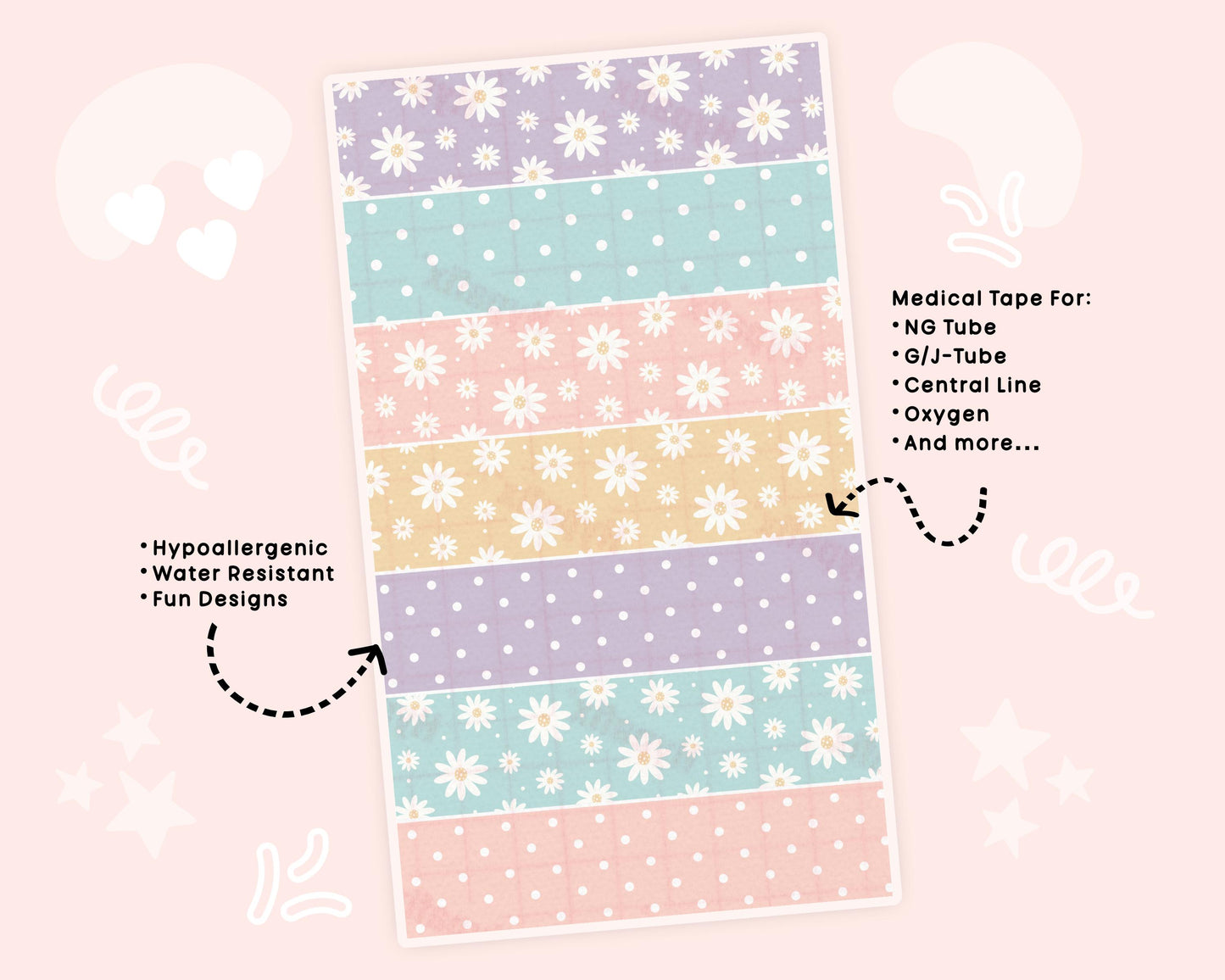 Pastel flowers NG Tube Tape Adhesive Medical Tape for Feeding Tubes Oxygen Central Lines Catheters Tape for Tubie