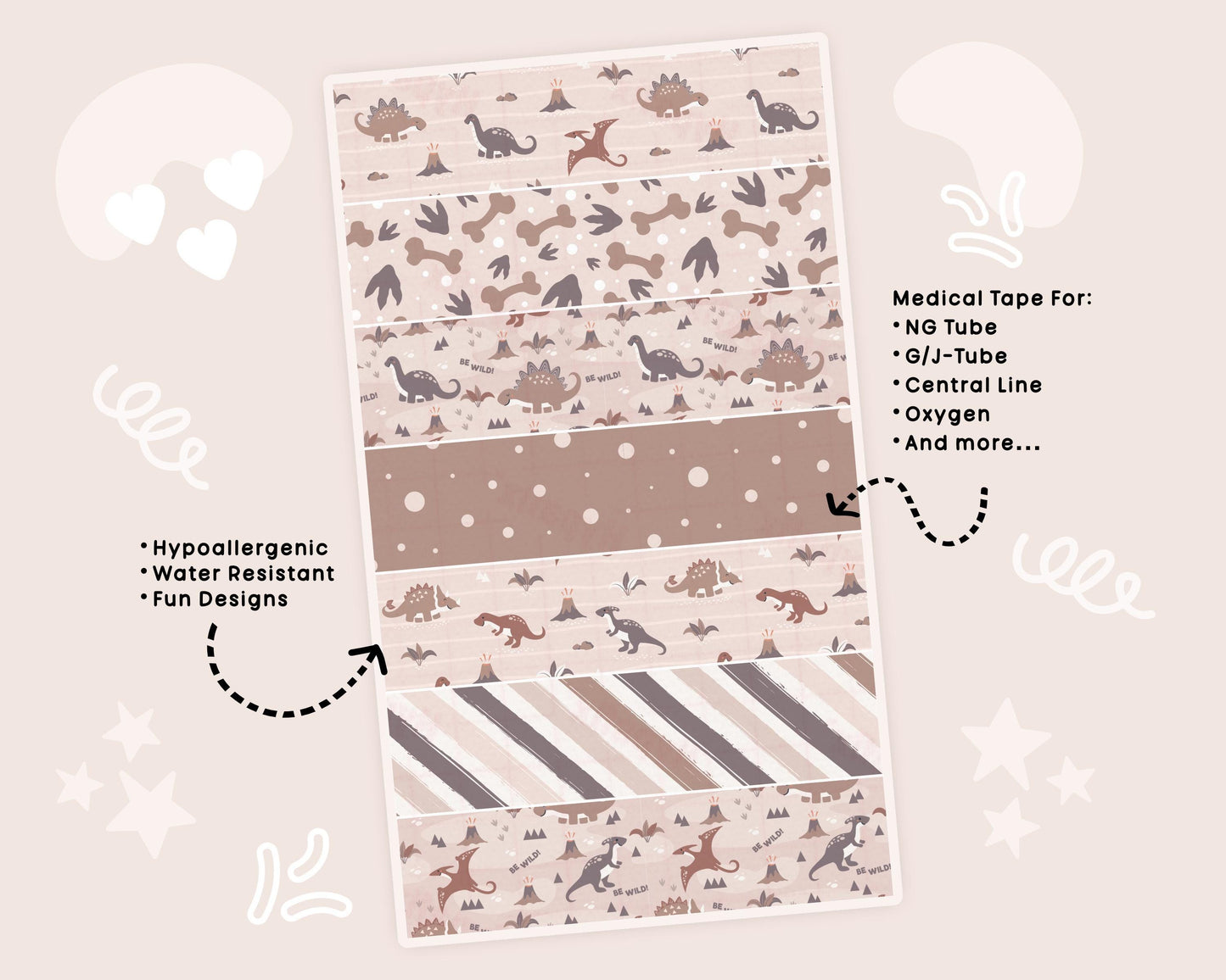 Beige dinosaurs NG Tube Tape Adhesive Medical Tape for Feeding Tubes Oxygen Central Lines Catheters Tape for Tubie