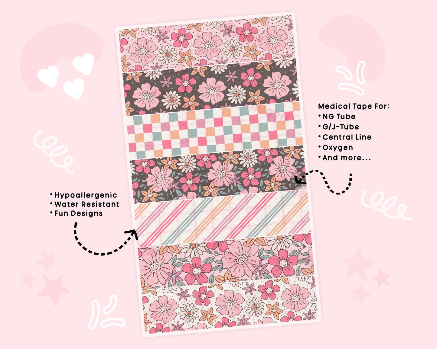 Floral Tubie Tape | Tape NG Tube Tape Adhesive Medical Tape for Feeding Tubes Oxygen Central Lines Catheters