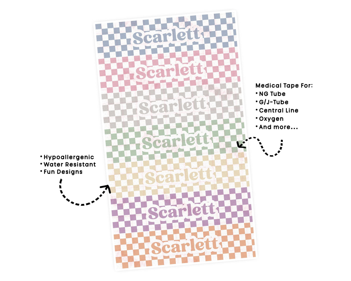 Personalized NG Tube Tape for Feeding Tubes Oxygen Central Lines | Nasogastric Tubie Tape | Checkered Tubie Tape