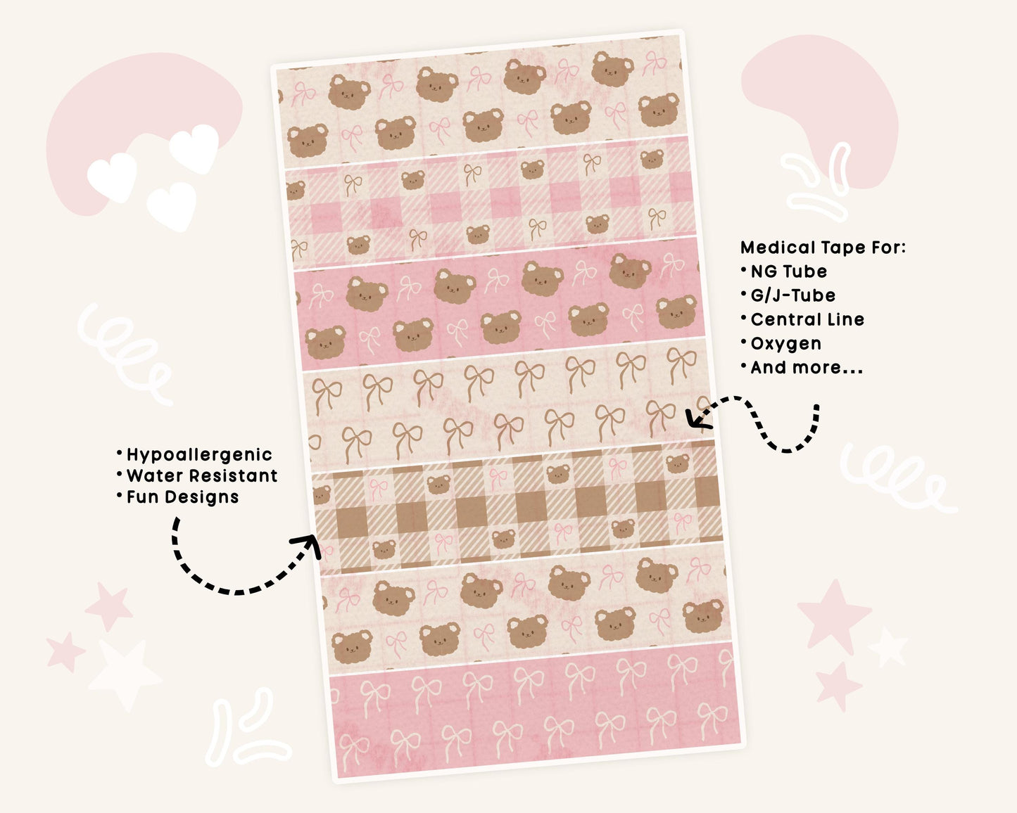 Bows and Bears Tube Tape Adhesive Medical Tape for Feeding Tubes Oxygen Central Lines Catheters Tubie