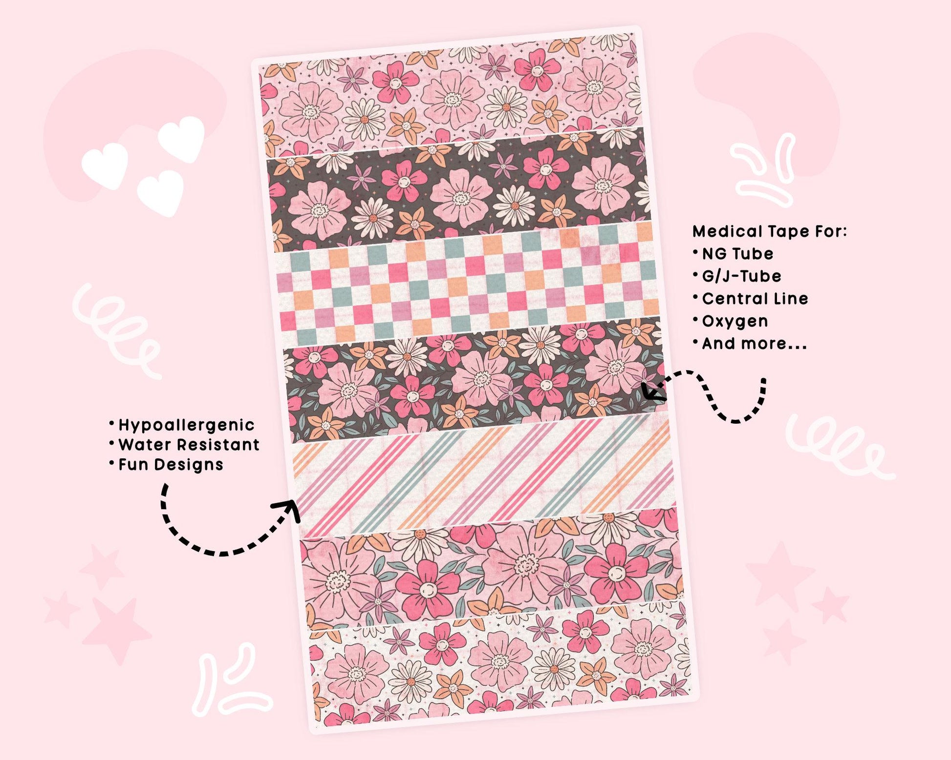 Floral Tubie Tape | Tape NG Tube Tape Adhesive Medical Tape for Feeding Tubes Oxygen Central Lines Catheters